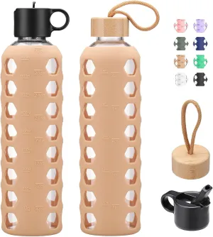 MUKOKO Glass Water Bottles, 32oz Glass Tumbler, Drinking Bottles with 2 Lids-Handle Flip Straw Lid&Bamboo Lid, Motivational Water Bottle with Time Marker and Silicone Sleeve, Leakproof-1 Pack-Amber