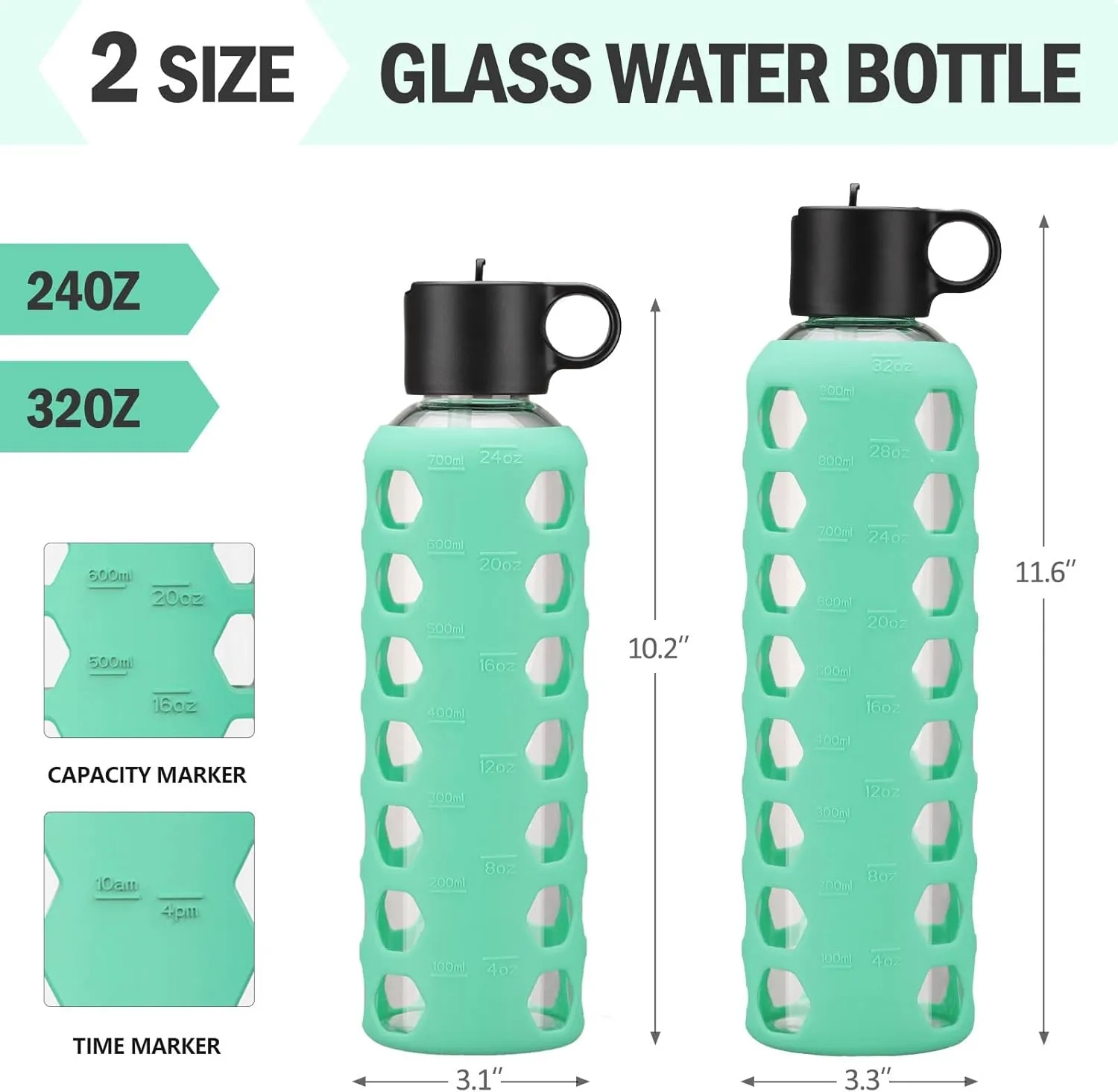 MUKOKO Glass Water Bottles, 32oz Glass Tumbler, Drinking Bottles with 2 Lids-Handle Flip Straw Lid&Bamboo Lid, Motivational Water Bottle with Time Marker and Silicone Sleeve, Leakproof-1 Pack-Green