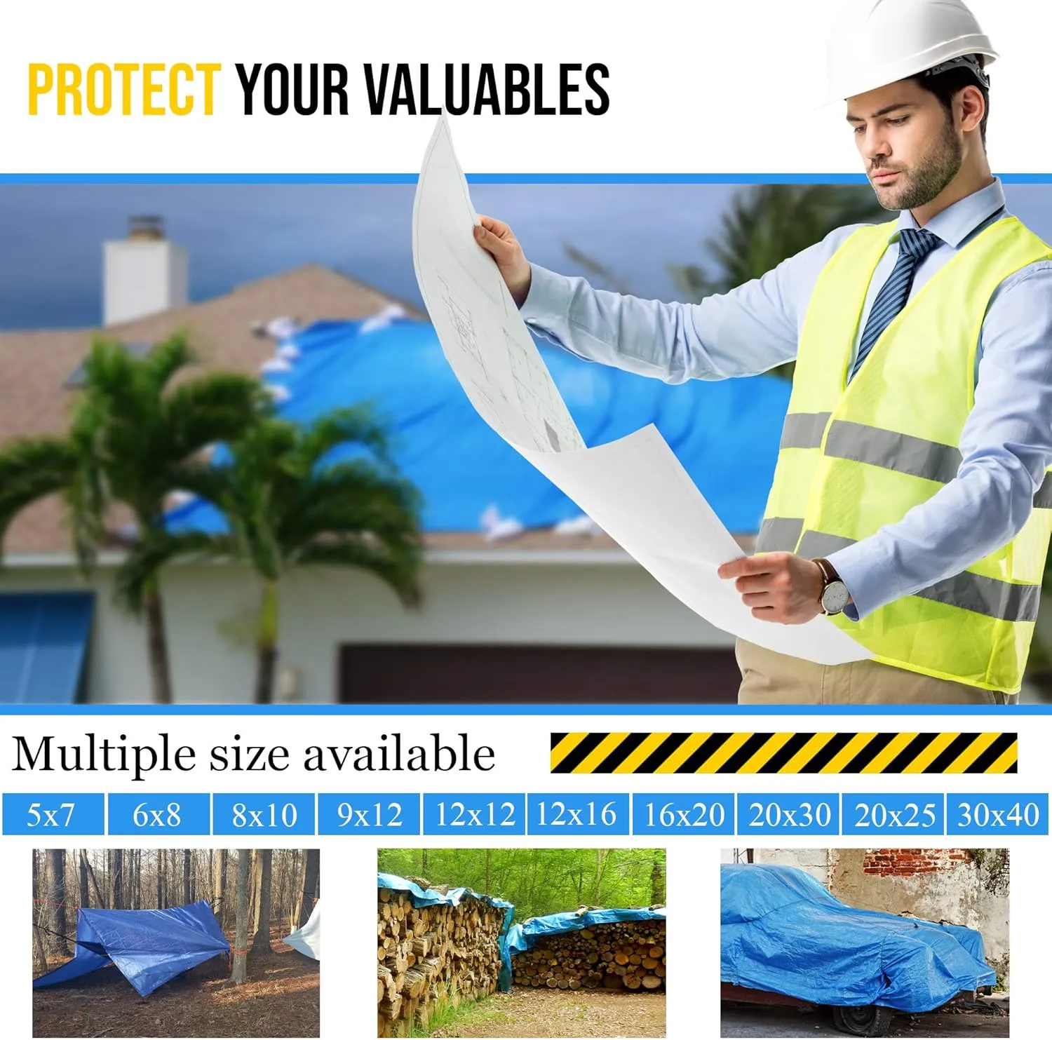 Multi-Purpose Waterproof Heavy Duty Poly Tarp -12X16 Large Blue Tarp with Grommets Every 3ft - Rot, Rust, and UV Resistant, Weatherproof Tarp Covers for Camping, Farming, Vehicles, and More