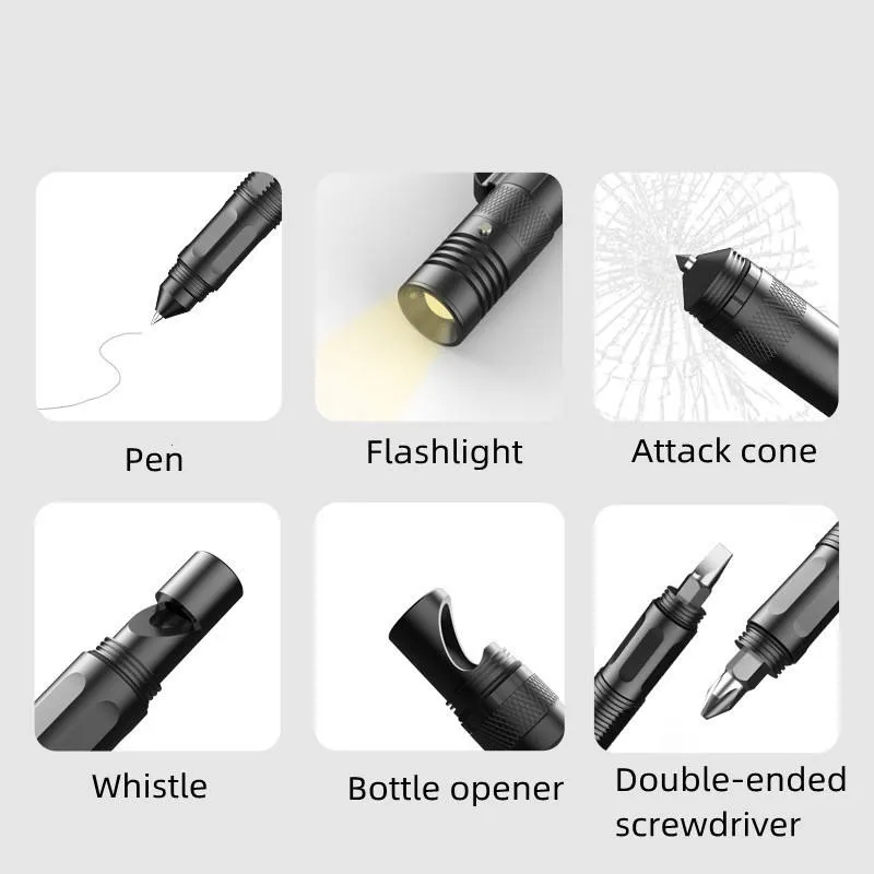 Multifunctional Tactical Pen Flashlight Defense Pen Broken Window Hammer EDC Outdoor Supplies Self-Defense Survival Tools Aluminum Alloy