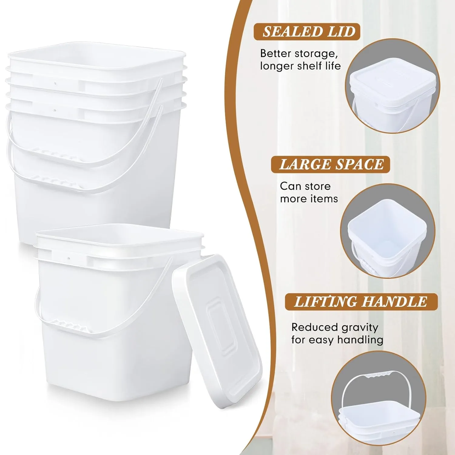 Mumufy 5 Pcs 3.5 Gallon Square Food Grade Bucket with Lid Square Bucket Pail with Plastic Handles for Storing Dry Food, Charcoal, Camping, Fishing (White)
