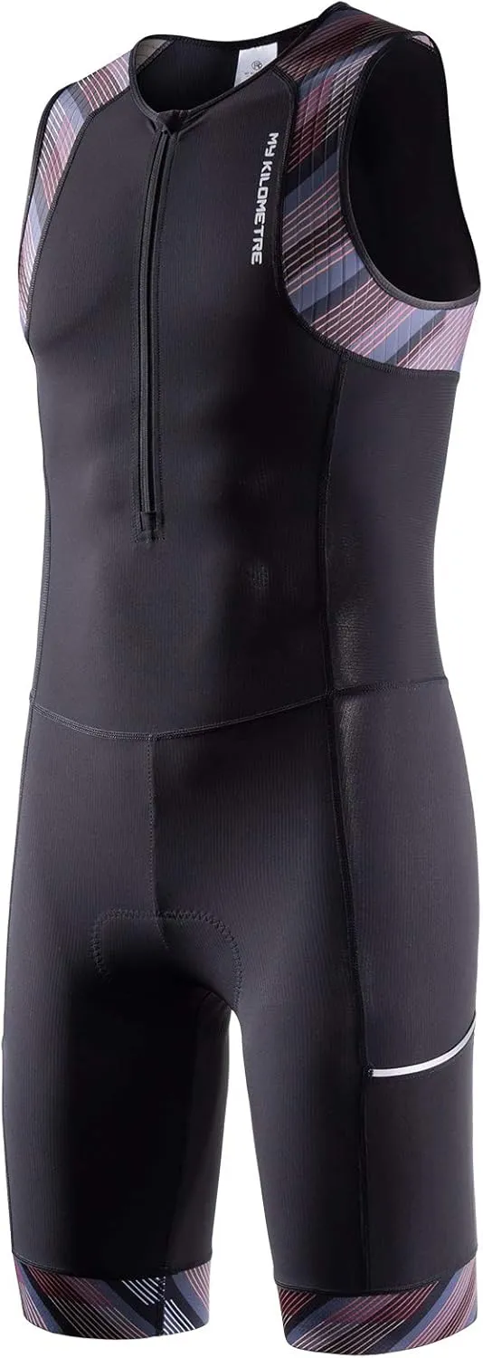 MY KILOMETRE Men’s Triathlon Tri Suit with 2 Big Side Pockets Triathlon Racing Suit with Front Zip