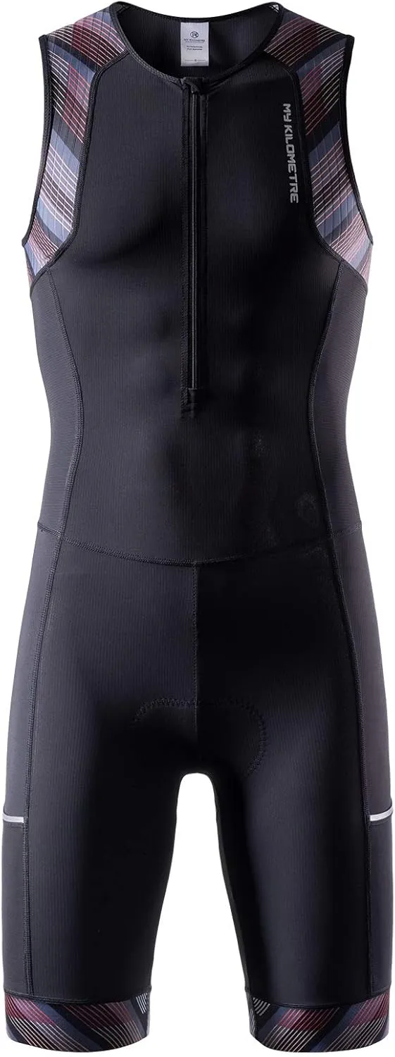 MY KILOMETRE Men’s Triathlon Tri Suit with 2 Big Side Pockets Triathlon Racing Suit with Front Zip