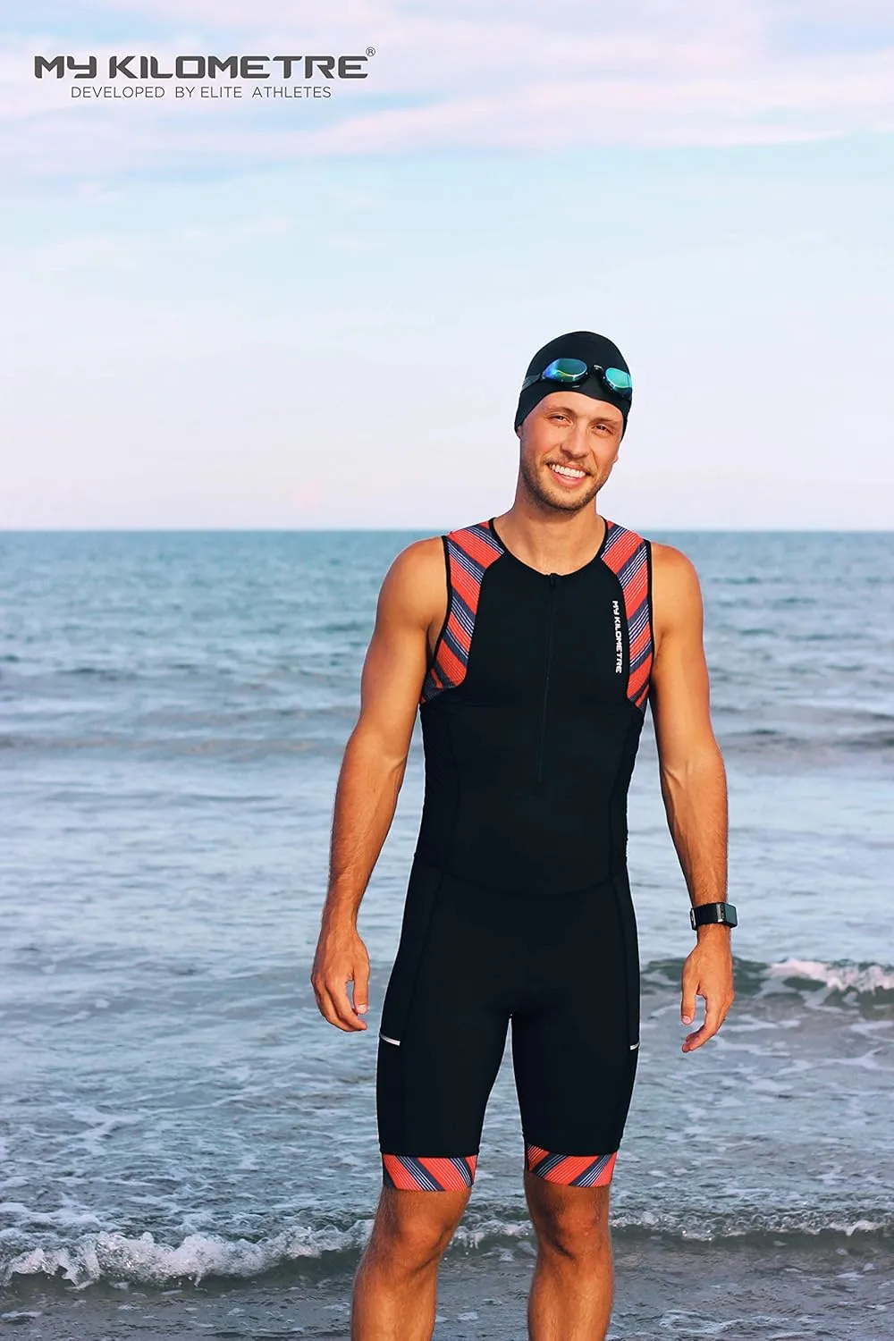 MY KILOMETRE Men’s Triathlon Tri Suit with 2 Big Side Pockets Triathlon Racing Suit with Front Zip