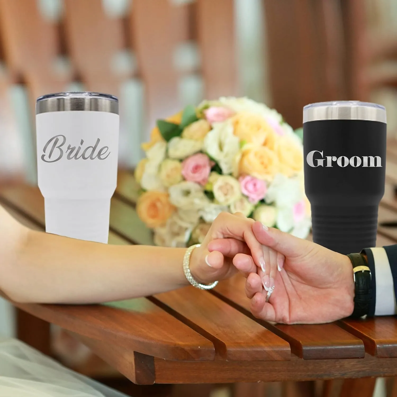 My Personal Memories Bride and Groom Insulated Travel Tumbler Set of 2 - Engraved To Go Cup Gift for Wedding, Rehearsal Dinner Party, Honeymoon, Reception (30 oz Tumbler Set)