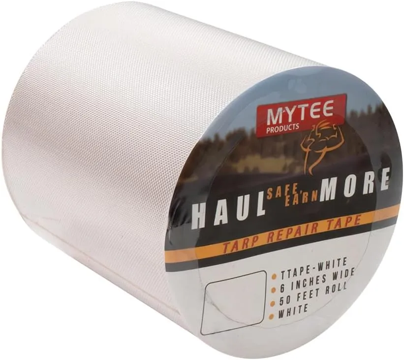 Mytee Products 8.8 oz Waterproof White Vinyl Tarp Repair Tape 6 Inch x 50 FT with Heavy Duty Adhesive Backing - Tarp Patch Kit, Tarp Repair Kit