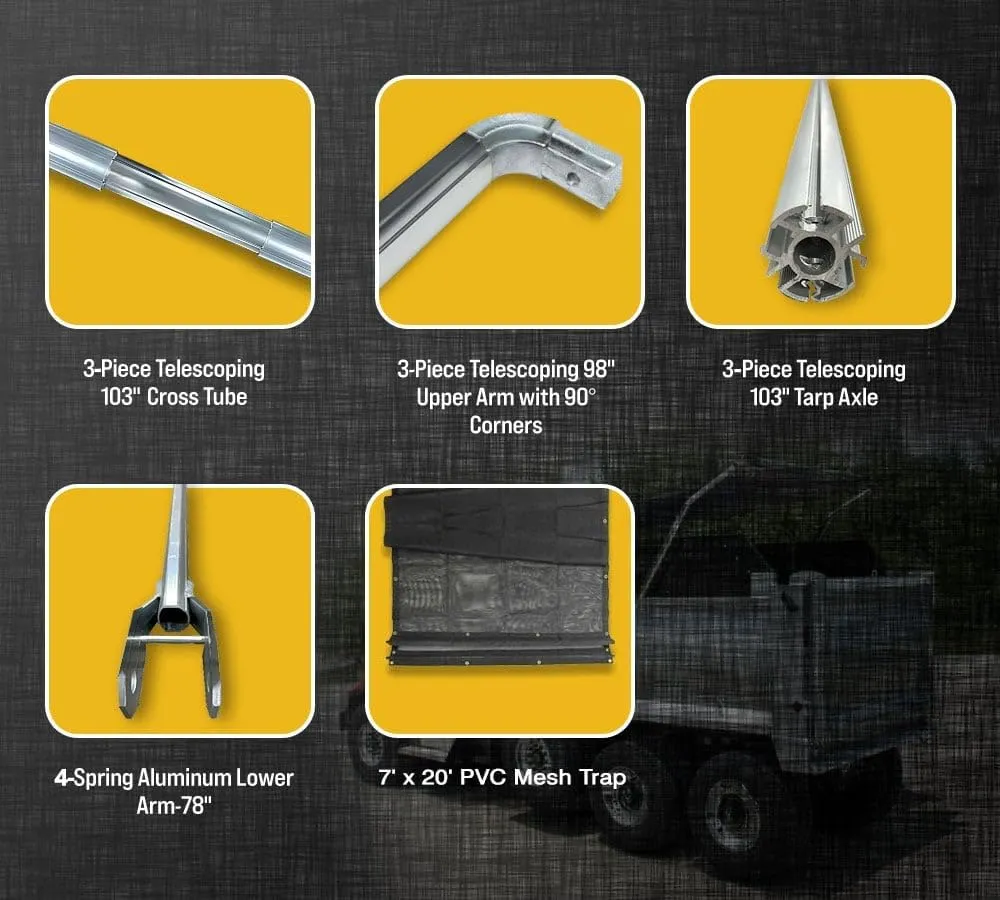 Mytee Products Complete Electric Aluminum 4-Spring Dump Truck Tarp System with 7' x 20' Mesh Tarp for Dump Truck Beds Upto 24' Long & Under 106" Wide - Complete Dump Truck Tarping System