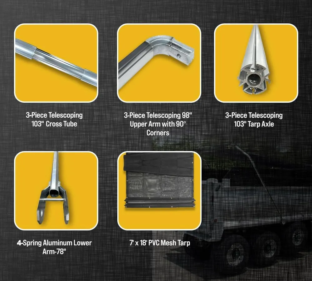 Mytee Products Complete Electric Aluminum 4-Spring Dump Truck Tarp System with 7'x18' Mesh Tarp for Dump Truck Beds Upto 24' Long & Under 106" Wide - Complete Dump Truck Tarping System