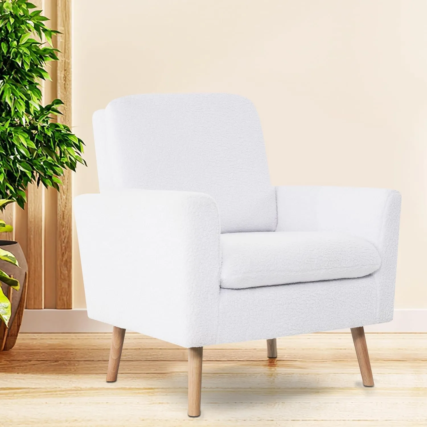 Naomi Home Frida Mid - Century Accent Chairs Set of 2 Durable Wood Frame Living Room Chairs Set of 2 Reading Chair with armrest Soft Teddy Fleece Side Chair Oak Legs arm Chairs - White