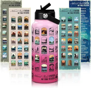National Parks Water Bottle with Stickers | 32oz Leakproof Insulated Stainless Steel with Straw | Perfect for Hiking, Camping & Travel (Pink-Rose Red)