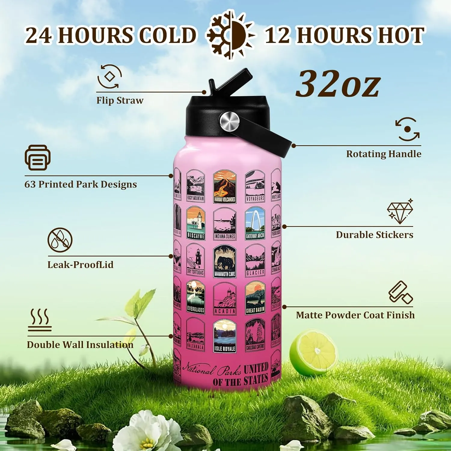 National Parks Water Bottle with Stickers | 32oz Leakproof Insulated Stainless Steel with Straw | Perfect for Hiking, Camping & Travel (Pink-Rose Red)