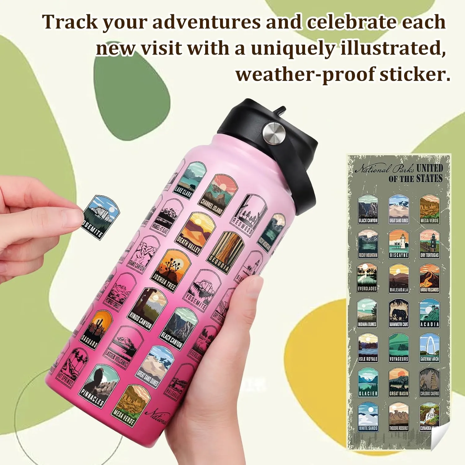 National Parks Water Bottle with Stickers | 32oz Leakproof Insulated Stainless Steel with Straw | Perfect for Hiking, Camping & Travel (Pink-Rose Red)