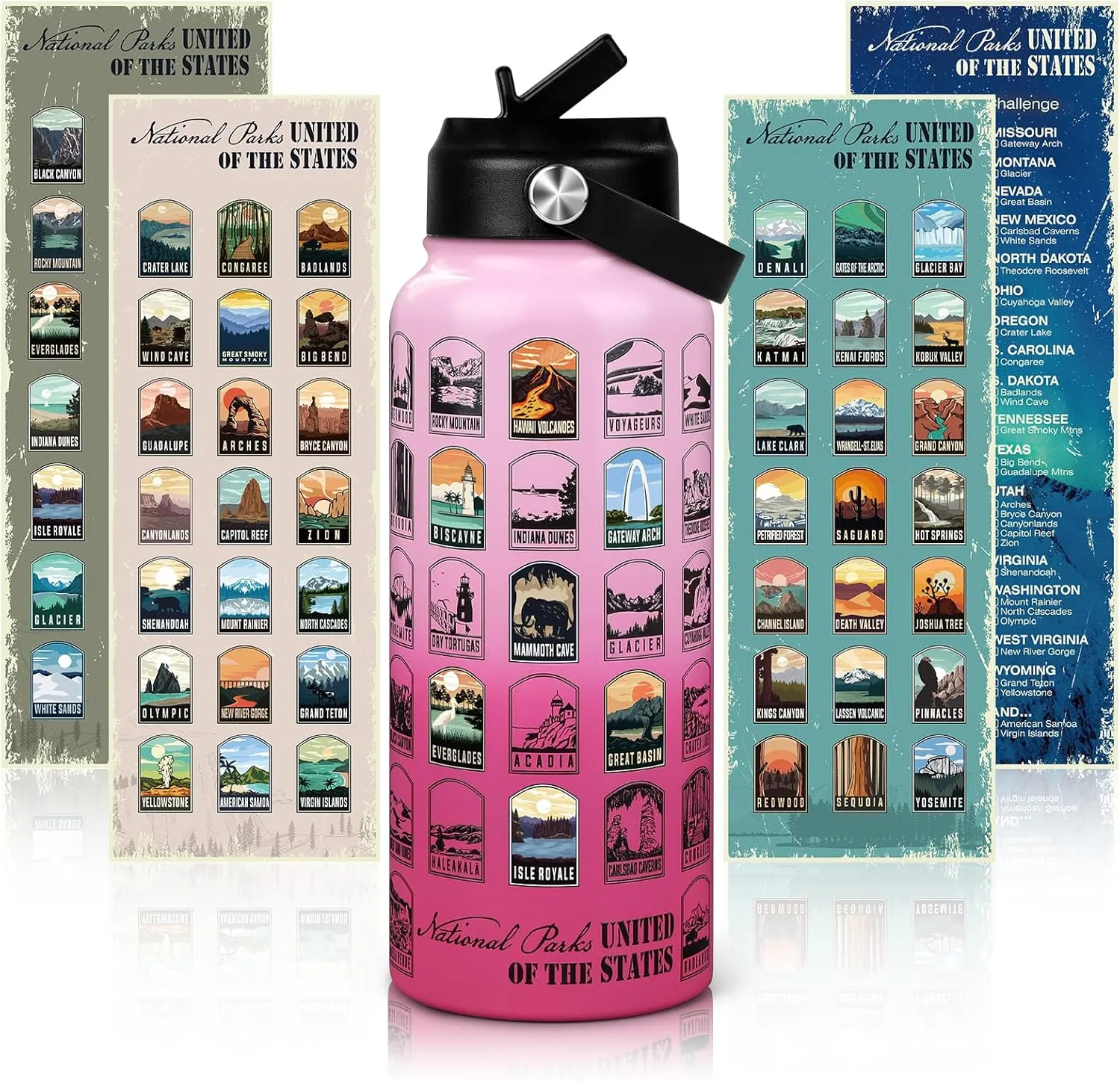 National Parks Water Bottle with Stickers | 32oz Leakproof Insulated Stainless Steel with Straw | Perfect for Hiking, Camping & Travel (Pink-Rose Red)