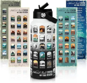 National Parks Water Bottle with Stickers | 32oz Leakproof Insulated Stainless Steel with Straw | Perfect for Hiking, Camping & Travel (White-Black)