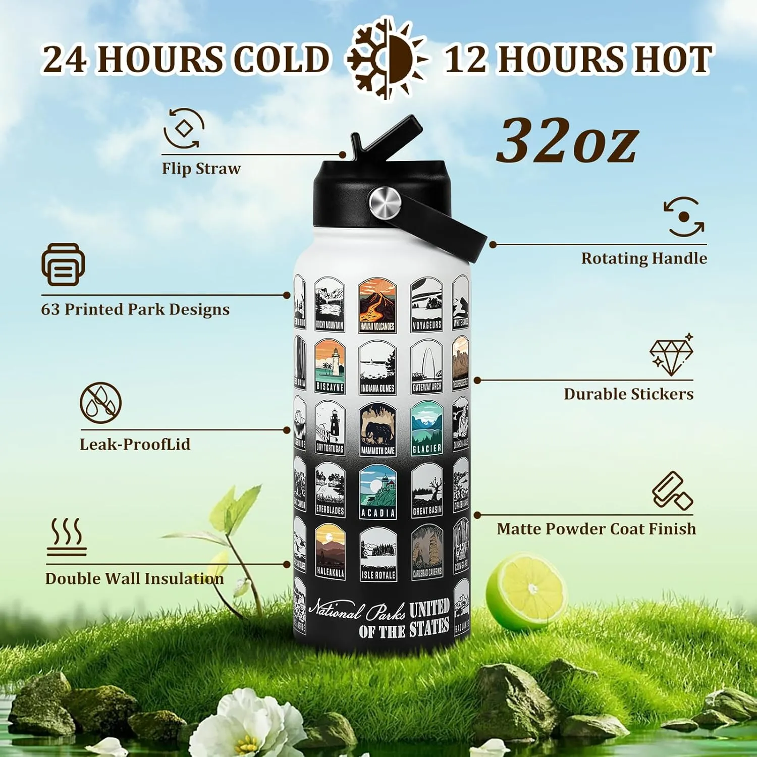 National Parks Water Bottle with Stickers | 32oz Leakproof Insulated Stainless Steel with Straw | Perfect for Hiking, Camping & Travel (White-Black)
