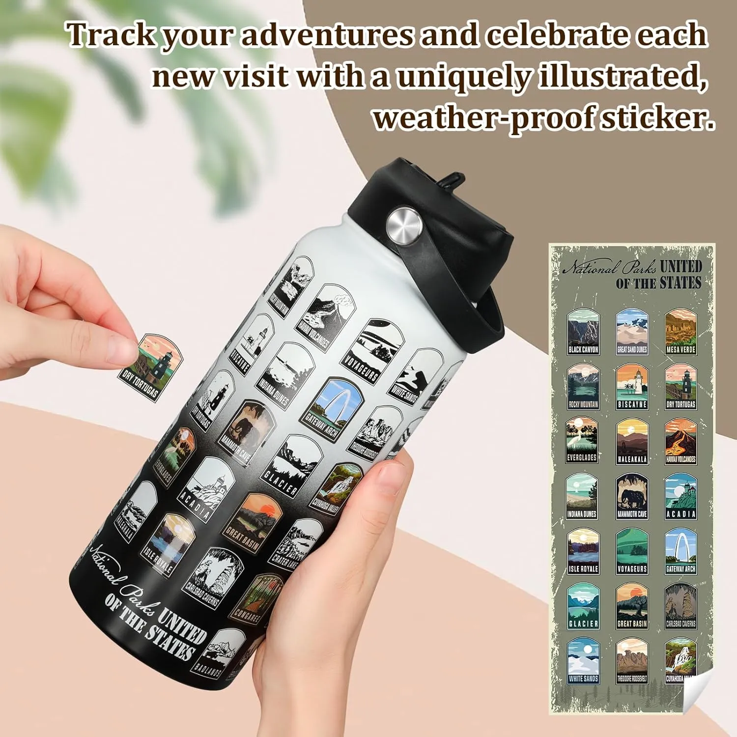 National Parks Water Bottle with Stickers | 32oz Leakproof Insulated Stainless Steel with Straw | Perfect for Hiking, Camping & Travel (White-Black)