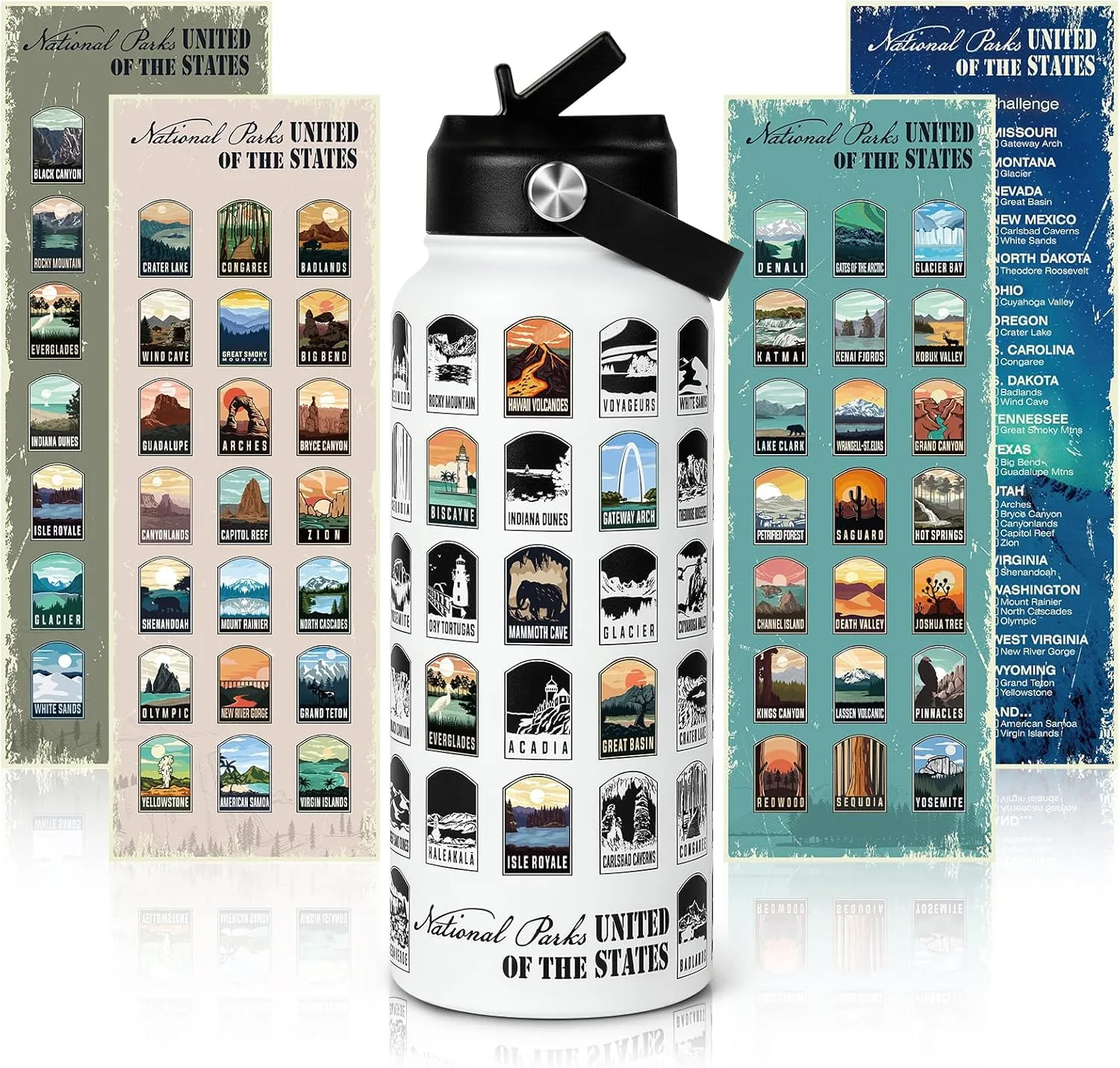 National Parks Water Bottle with Stickers | 32oz Leakproof Insulated Stainless Steel with Straw | Perfect for Hiking, Camping & Travel (White)
