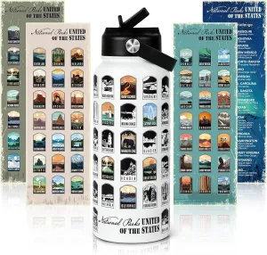 National Parks Water Bottle with Stickers | 32oz Leakproof Insulated Stainless Steel with Straw | Perfect for Hiking, Camping & Travel (White)