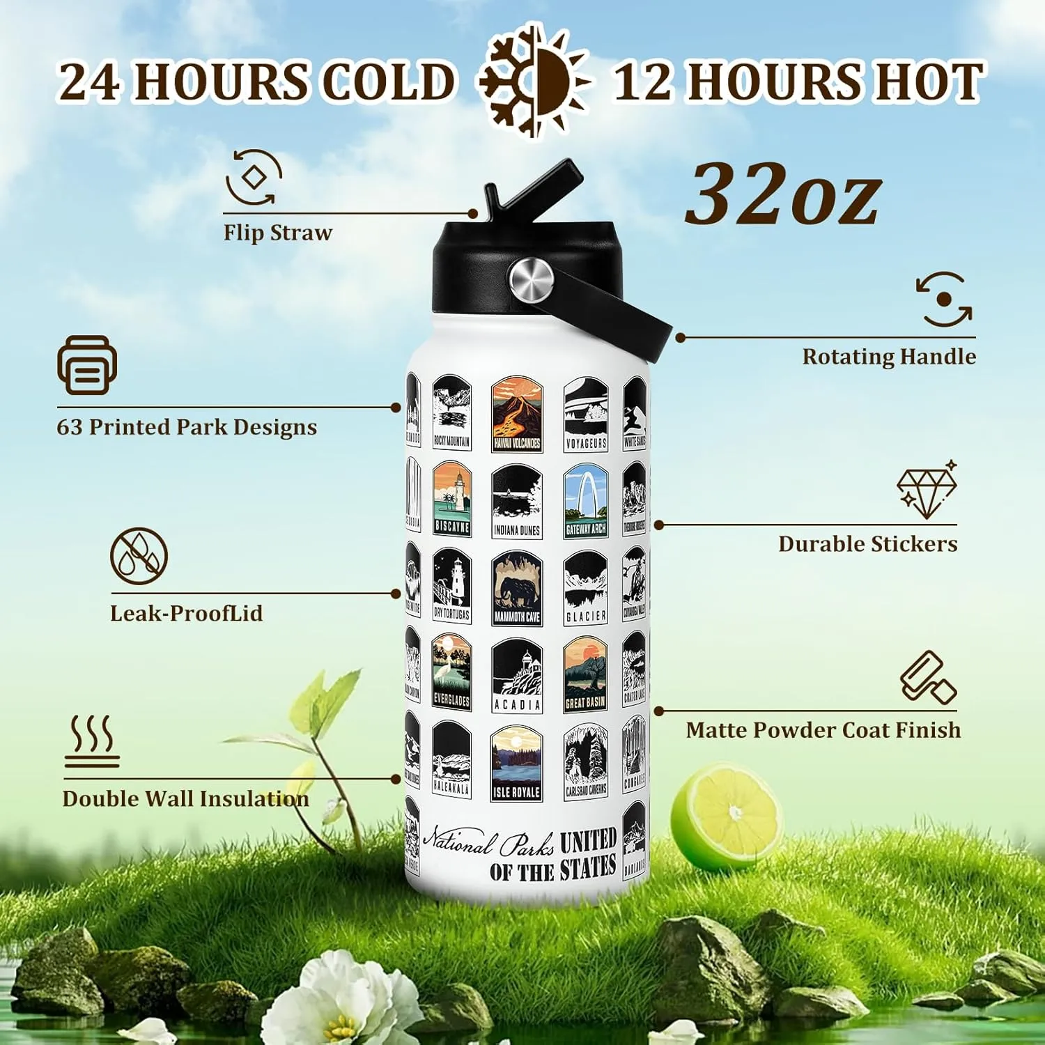 National Parks Water Bottle with Stickers | 32oz Leakproof Insulated Stainless Steel with Straw | Perfect for Hiking, Camping & Travel (White)