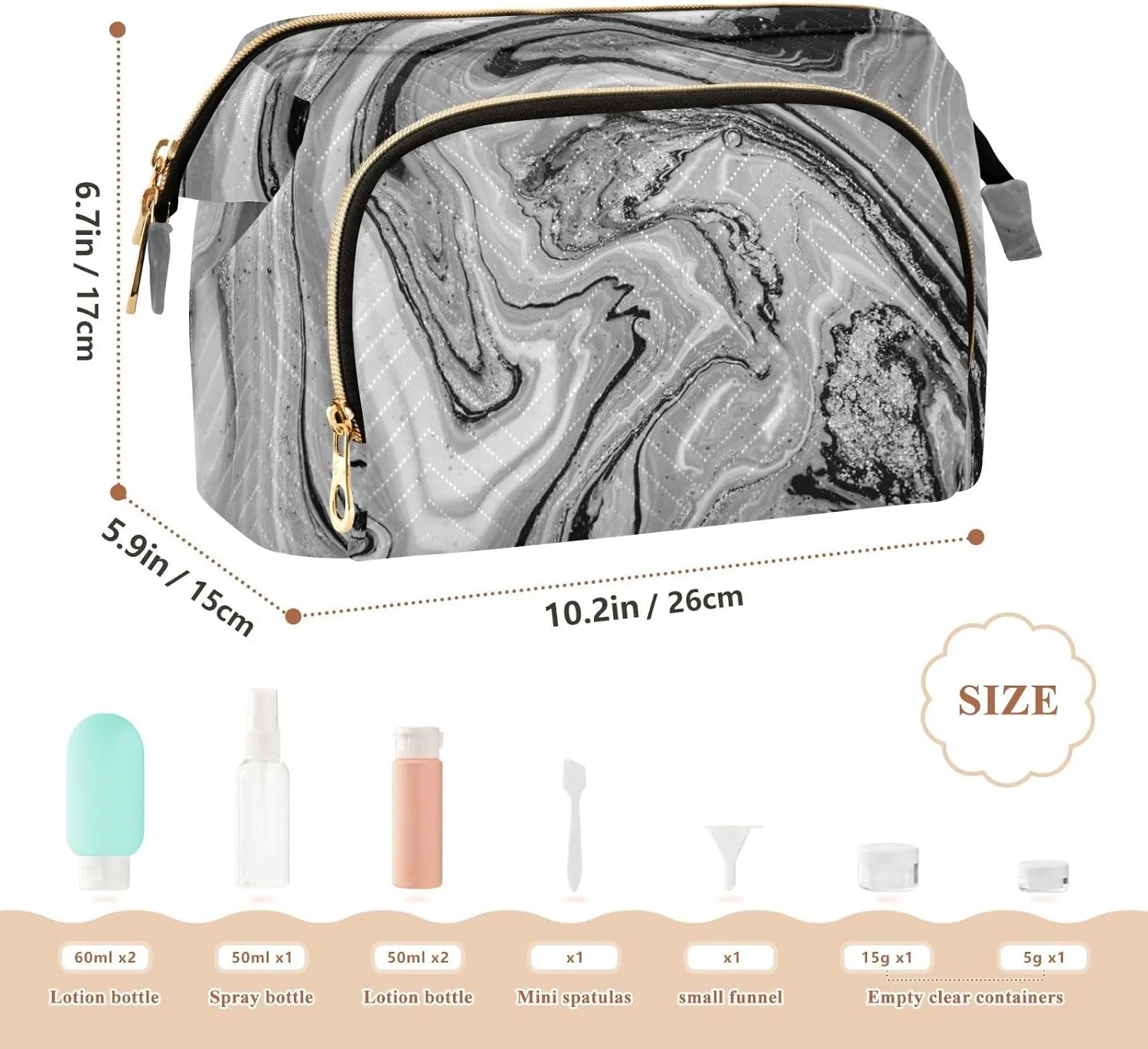 Natural Luxury Black Grey White Marble Golden Powder Oriental Art Women Cosmetic Bag Makeup Bag Stylish Trip Beauty Bag Travel Toiletry Bag with Bottle Organizer 10.2 x 5.9 x 6.7 inch
