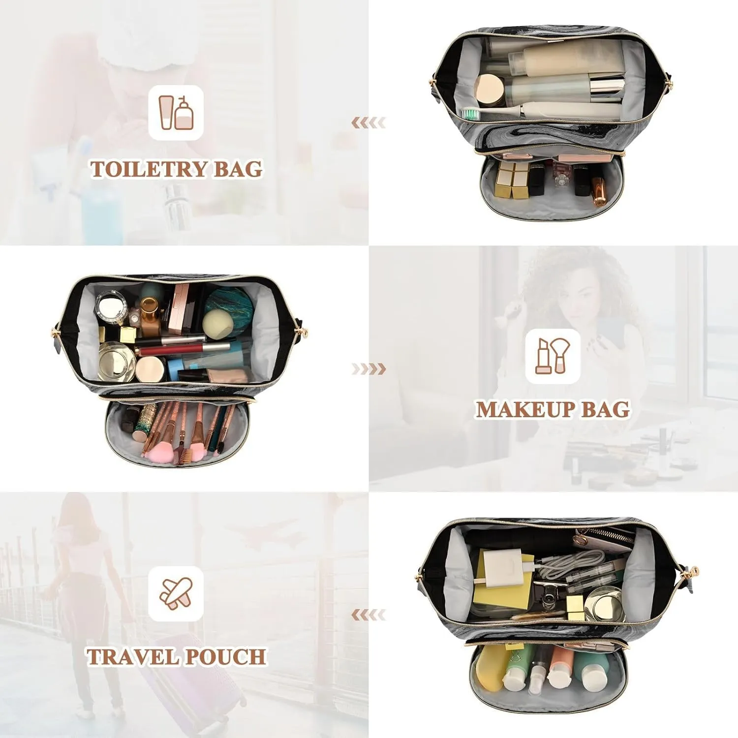 Natural Luxury Black Grey White Marble Golden Powder Oriental Art Women Cosmetic Bag Makeup Bag Stylish Trip Beauty Bag Travel Toiletry Bag with Bottle Organizer 10.2 x 5.9 x 6.7 inch