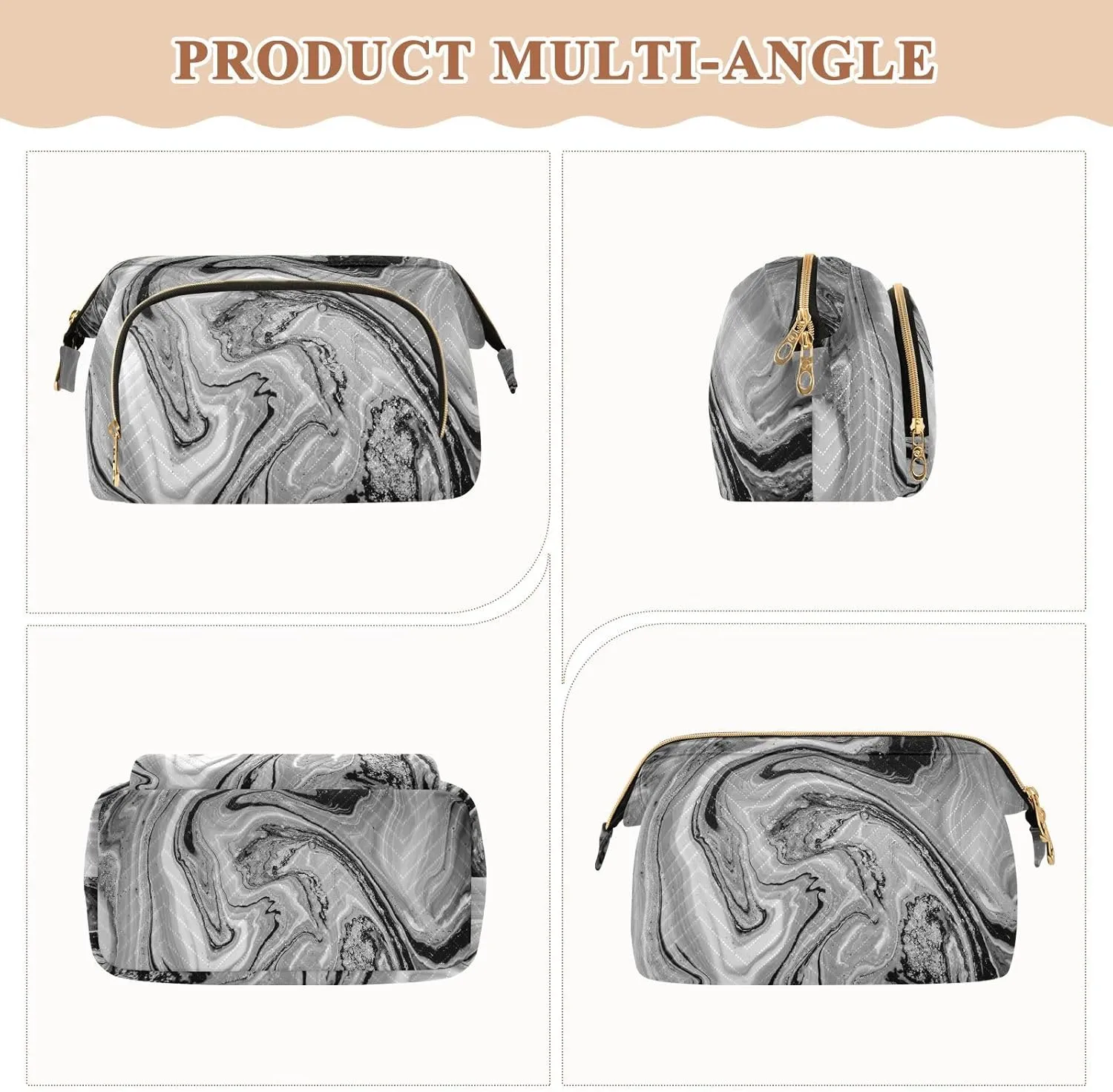 Natural Luxury Black Grey White Marble Golden Powder Oriental Art Women Cosmetic Bag Makeup Bag Stylish Trip Beauty Bag Travel Toiletry Bag with Bottle Organizer 10.2 x 5.9 x 6.7 inch