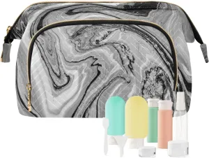 Natural Luxury Black Grey White Marble Golden Powder Oriental Art Women Cosmetic Bag Makeup Bag Stylish Trip Beauty Bag Travel Toiletry Bag with Bottle Organizer 10.2 x 5.9 x 6.7 inch