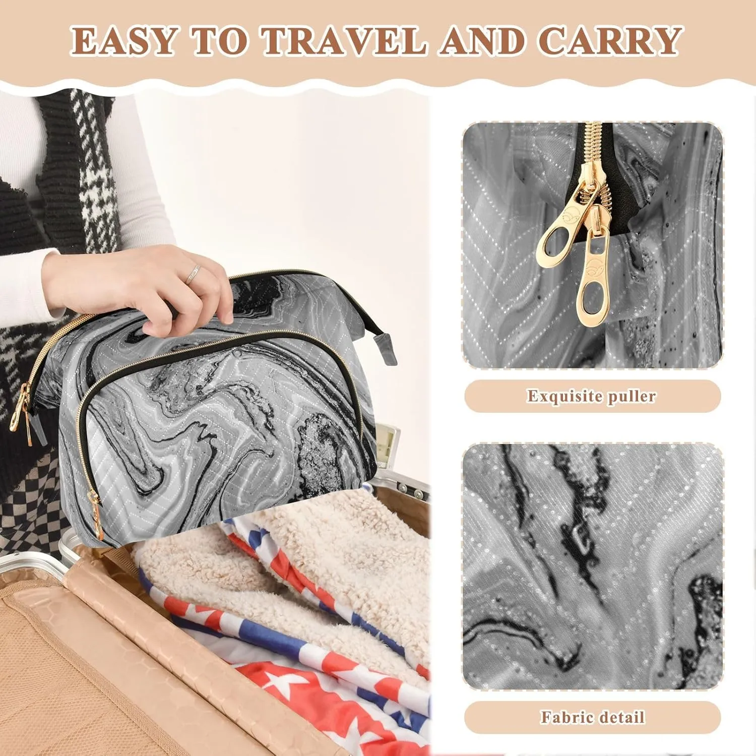 Natural Luxury Black Grey White Marble Golden Powder Oriental Art Women Cosmetic Bag Makeup Bag Stylish Trip Beauty Bag Travel Toiletry Bag with Bottle Organizer 10.2 x 5.9 x 6.7 inch
