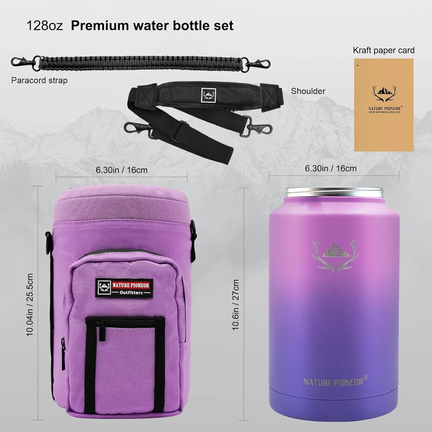 NATURE PIONEOR Insulated Water Bottles with Strap - 128 oz Stainless Steel Vacuum Bottle with Holder/Carrier/Sleeve - Reusable 18/8 Food Grade Thermos Water Jug