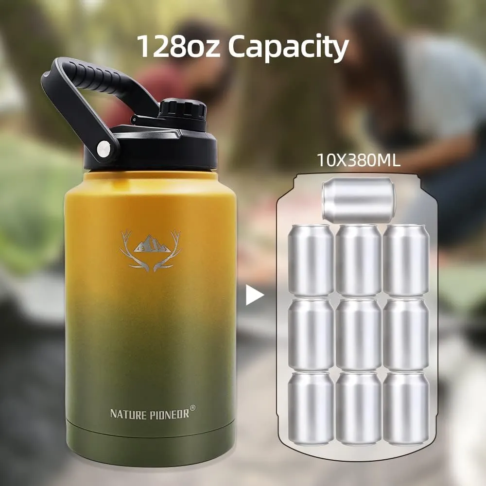 NATURE PIONEOR Insulated Water Bottles with Strap - 128 oz Stainless Steel Vacuum Bottle with Holder/Carrier/Sleeve - Reusable 18/8 Food Grade Thermos Water Jug