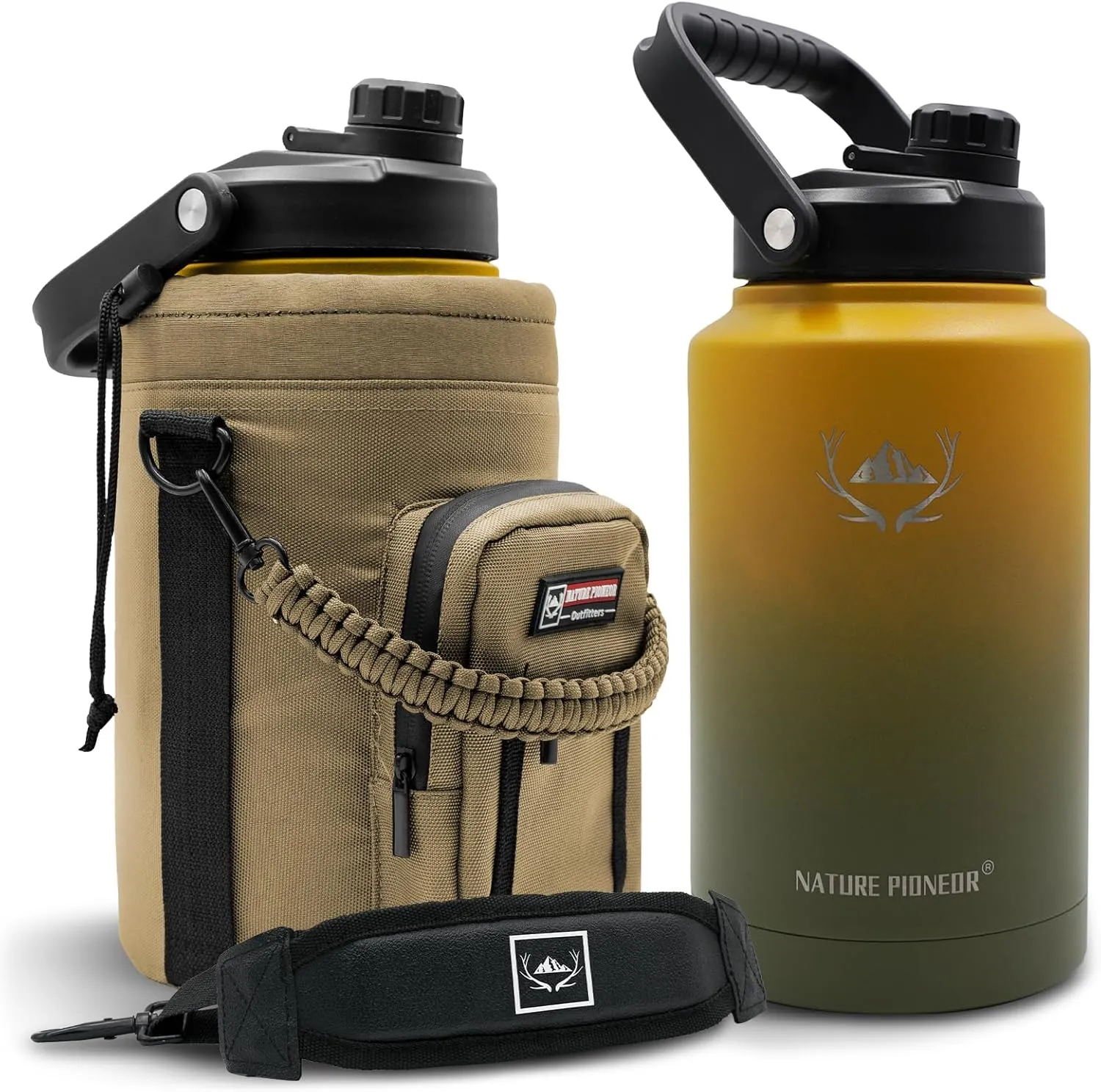 NATURE PIONEOR Insulated Water Bottles with Strap - 128 oz Stainless Steel Vacuum Bottle with Holder/Carrier/Sleeve - Reusable 18/8 Food Grade Thermos Water Jug