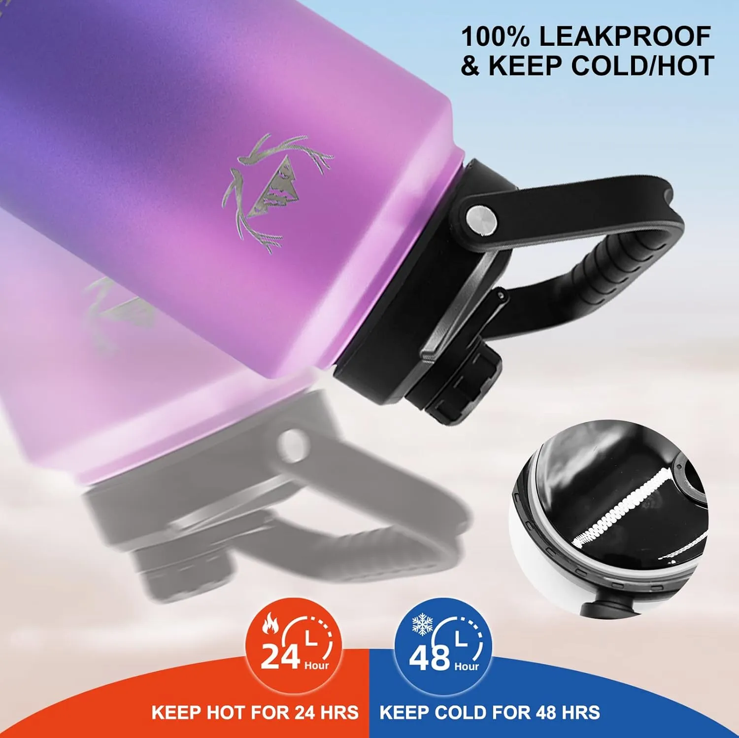 NATURE PIONEOR Insulated Water Bottles with Strap - 128 oz Stainless Steel Vacuum Bottle with Holder/Carrier/Sleeve - Reusable 18/8 Food Grade Thermos Water Jug