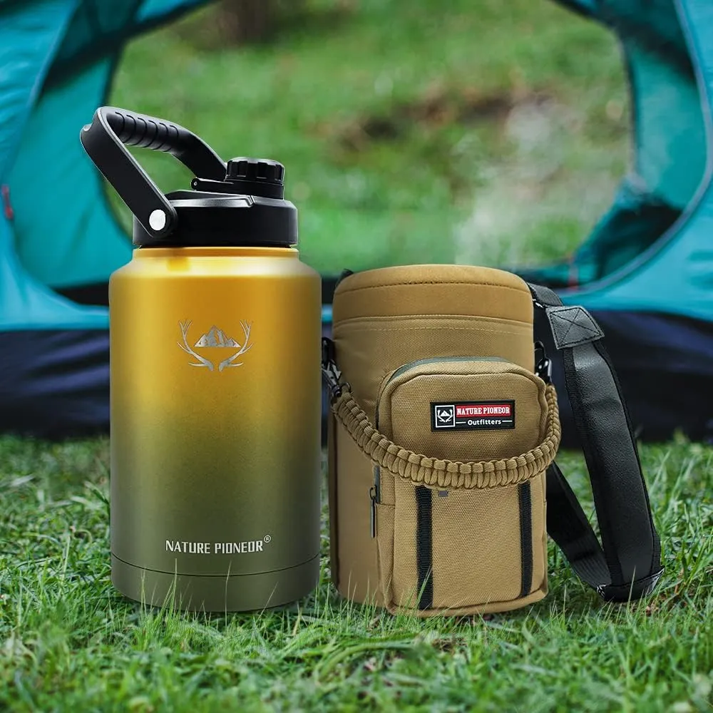 NATURE PIONEOR Insulated Water Bottles with Strap - 128 oz Stainless Steel Vacuum Bottle with Holder/Carrier/Sleeve - Reusable 18/8 Food Grade Thermos Water Jug