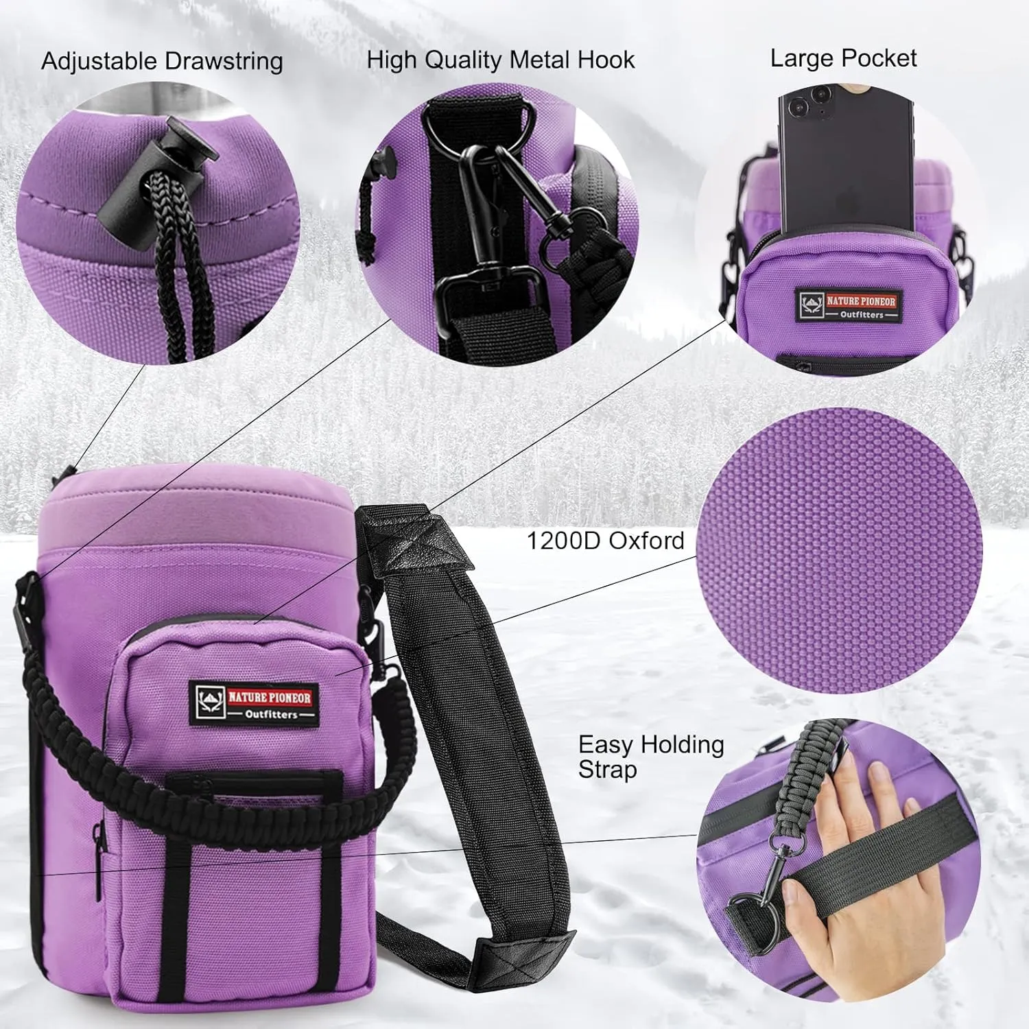 NATURE PIONEOR Insulated Water Bottles with Strap - 128 oz Stainless Steel Vacuum Bottle with Holder/Carrier/Sleeve - Reusable 18/8 Food Grade Thermos Water Jug