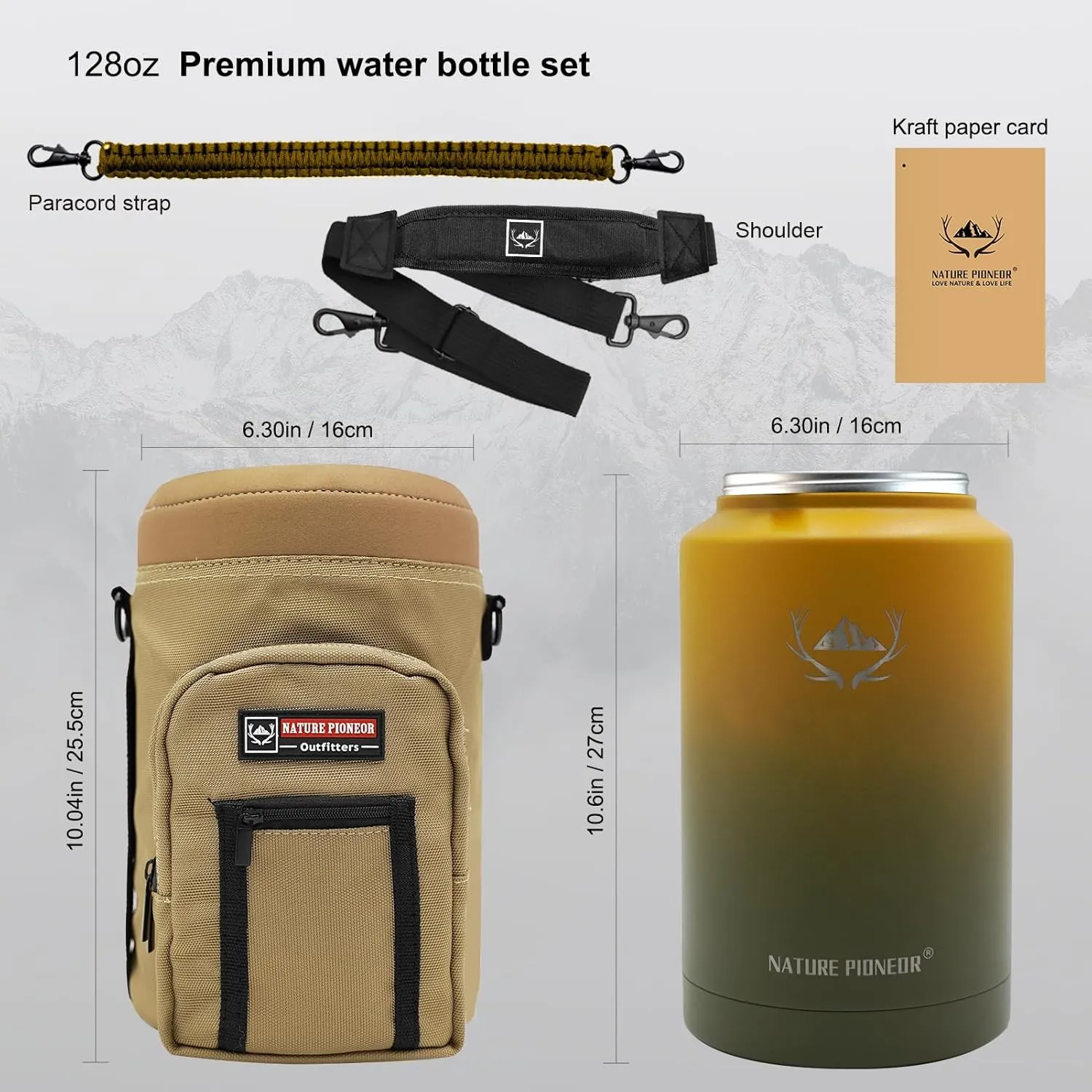 NATURE PIONEOR Insulated Water Bottles with Strap - 128 oz Stainless Steel Vacuum Bottle with Holder/Carrier/Sleeve - Reusable 18/8 Food Grade Thermos Water Jug