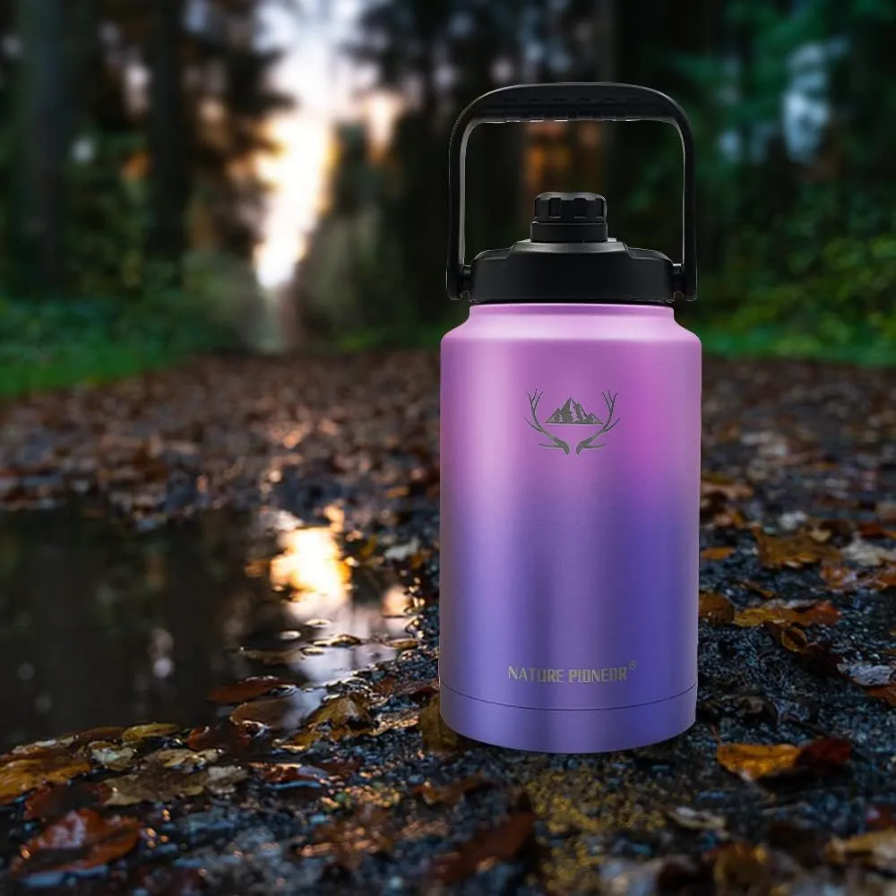 NATURE PIONEOR Insulated Water Bottles with Strap - 128 oz Stainless Steel Vacuum Bottle with Holder/Carrier/Sleeve - Reusable 18/8 Food Grade Thermos Water Jug