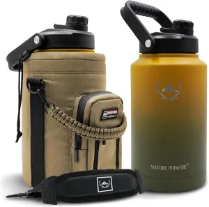 NATURE PIONEOR Insulated Water Bottles with Strap - 128 oz Stainless Steel Vacuum Bottle with Holder/Carrier/Sleeve - Reusable 18/8 Food Grade Thermos Water Jug