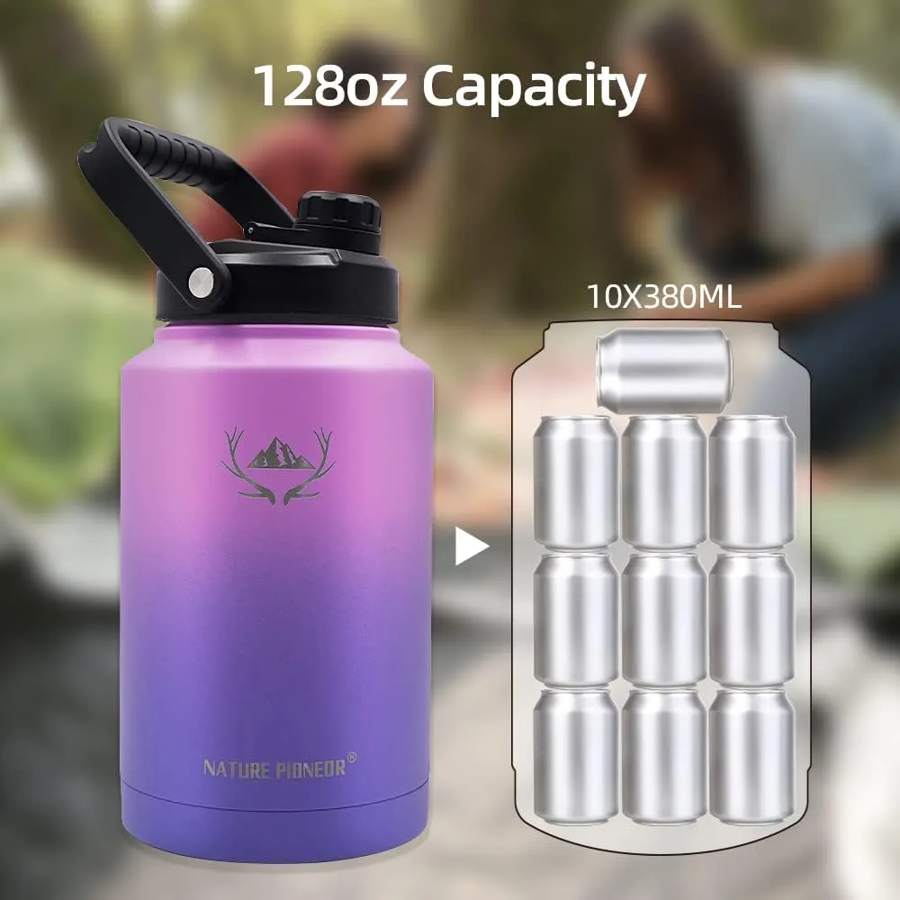 NATURE PIONEOR Insulated Water Bottles with Strap - 128 oz Stainless Steel Vacuum Bottle with Holder/Carrier/Sleeve - Reusable 18/8 Food Grade Thermos Water Jug