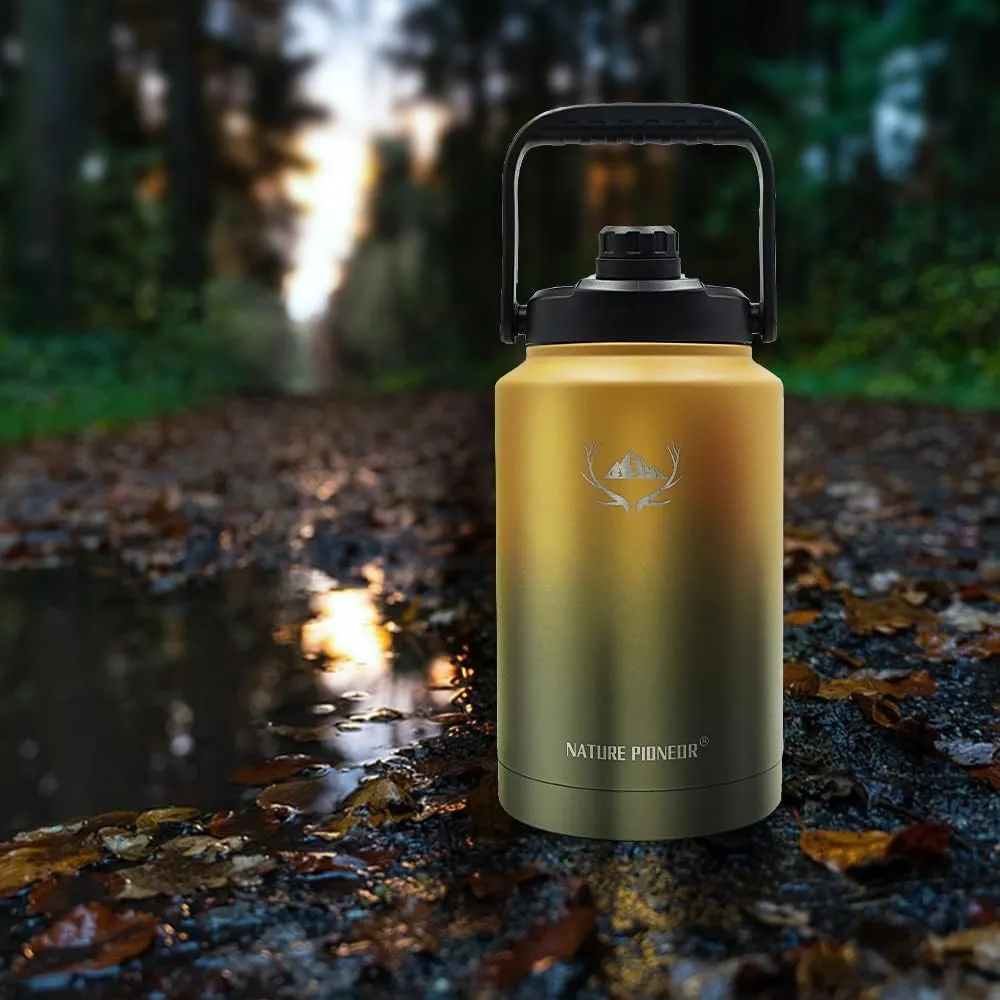 NATURE PIONEOR Insulated Water Bottles with Strap - 128 oz Stainless Steel Vacuum Bottle with Holder/Carrier/Sleeve - Reusable 18/8 Food Grade Thermos Water Jug
