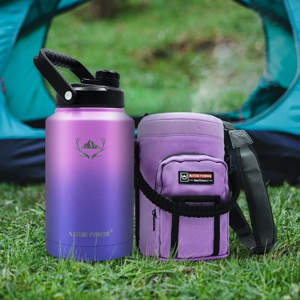 NATURE PIONEOR Insulated Water Bottles with Strap - 128 oz Stainless Steel Vacuum Bottle with Holder/Carrier/Sleeve - Reusable 18/8 Food Grade Thermos Water Jug