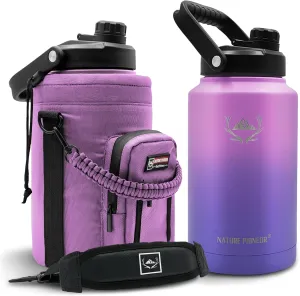 NATURE PIONEOR Insulated Water Bottles with Strap - 128 oz Stainless Steel Vacuum Bottle with Holder/Carrier/Sleeve - Reusable 18/8 Food Grade Thermos Water Jug