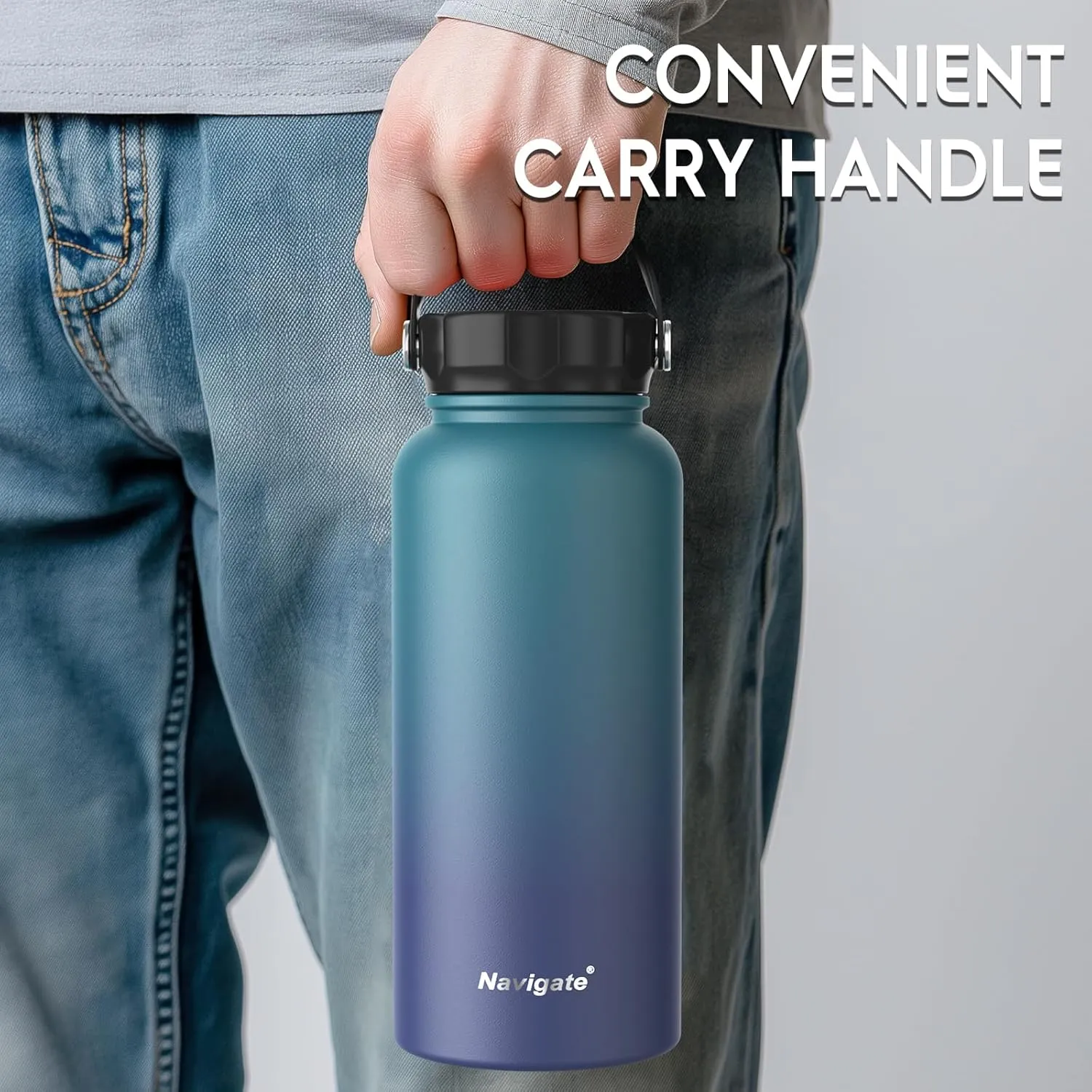 Navigate 32 oz Insulated Stainless Steel Sports Water Bottle with Spout & Handle Lids,Wide Mouth Water Jug with Double Walled Leak Proof Keep Cold for 24 Hrs Hot for 12 Hrs, Blue Gradient