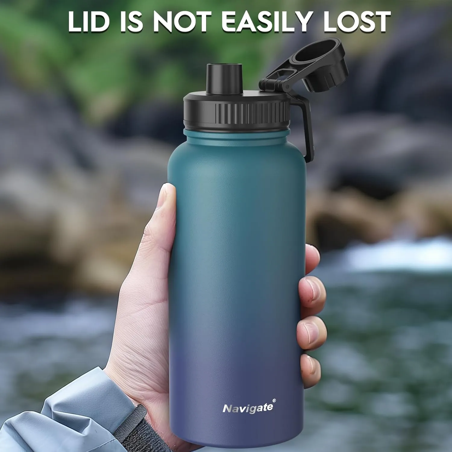 Navigate 32 oz Insulated Stainless Steel Sports Water Bottle with Spout & Handle Lids,Wide Mouth Water Jug with Double Walled Leak Proof Keep Cold for 24 Hrs Hot for 12 Hrs, Blue Gradient