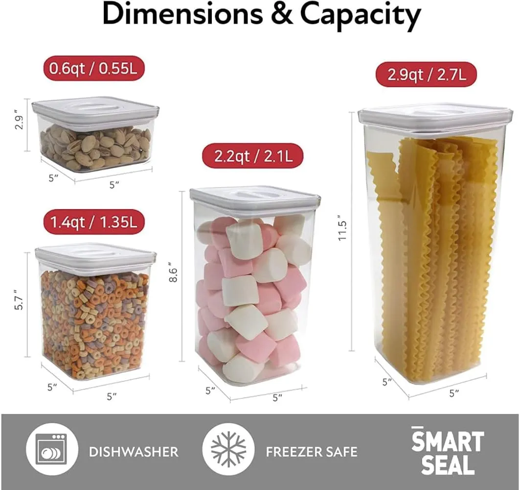 Neoflam 16 Set, Kitchen Pantry Airtight Smart Seal Square Dry Food Storage with Lid, Modular, Stackable, Clear Canister for Cereal, Sugar, Flour, Snack, Coffee, Pasta, Spaghetti Container (White)