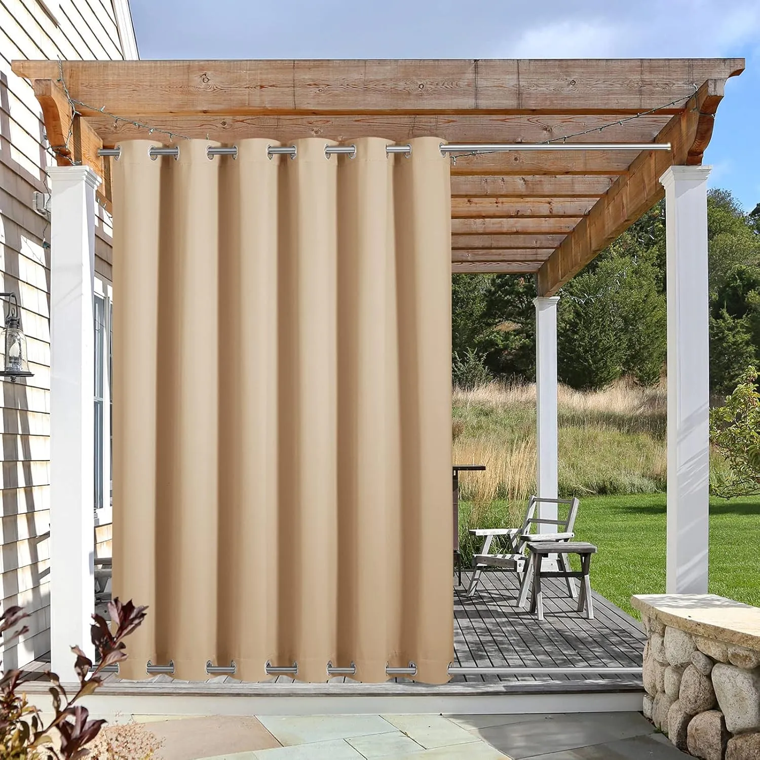 NICETOWN Outdoor Curtain for Patio Waterproof & Windproof, Thermal Insulated Top and Bottom Fixed Rustproof Grommets Light Block Outdoor Drape for Pergola, Biscotti Beige, 1 Panel, W84 x L95