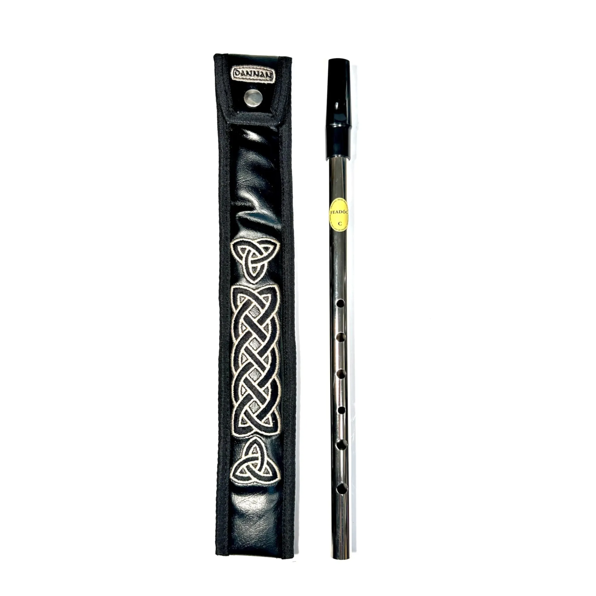 Nickel Tin Whistle in key of C by Feadog with Handmade Irish Whistle Case/Sleeve by Dannan in Black Vegan Leather with Celtic Embroidery