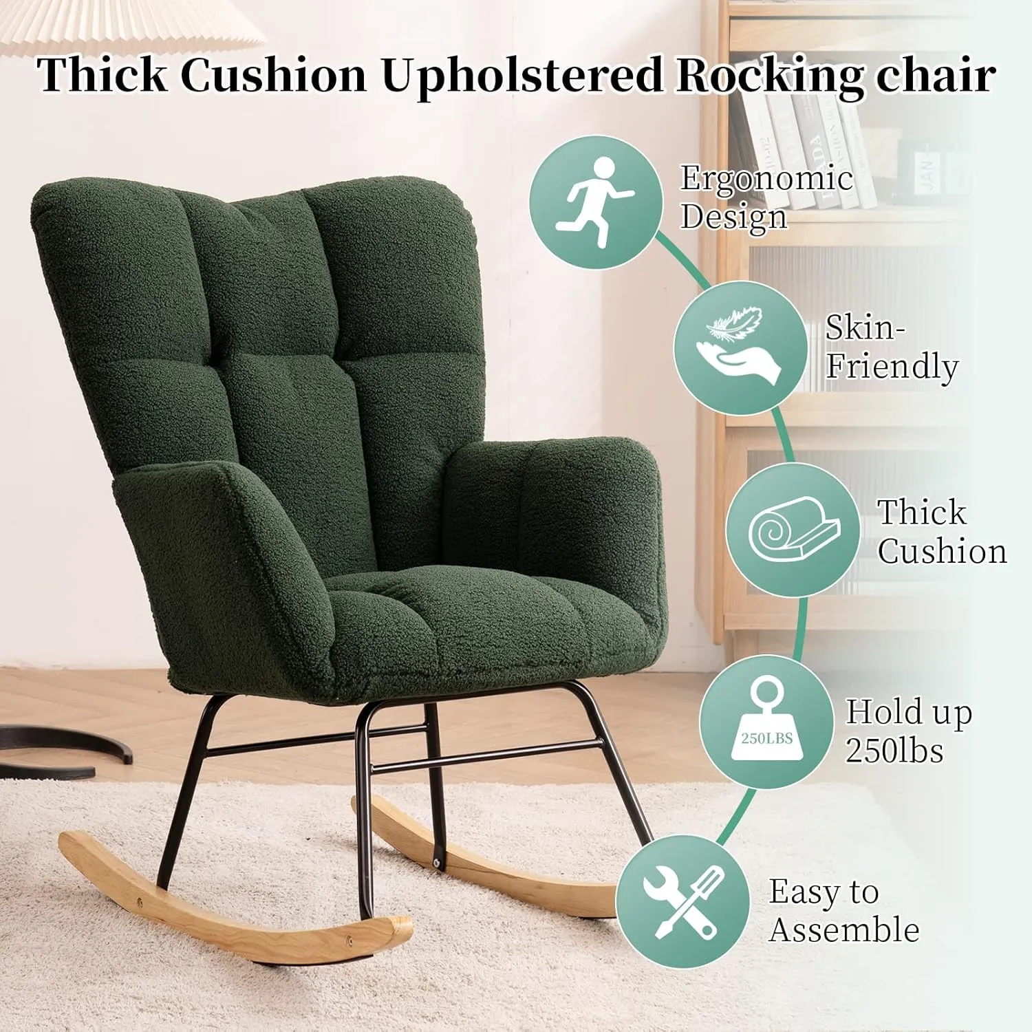 NIOIIKIT Nursery Rocking Chair Teddy Fabric Upholstered Glider Rocker Rocking Accent Chair Padded Seat with High Backrest Armchair Comfy Side Chair for Living Room Bedroom(Green Teddy)