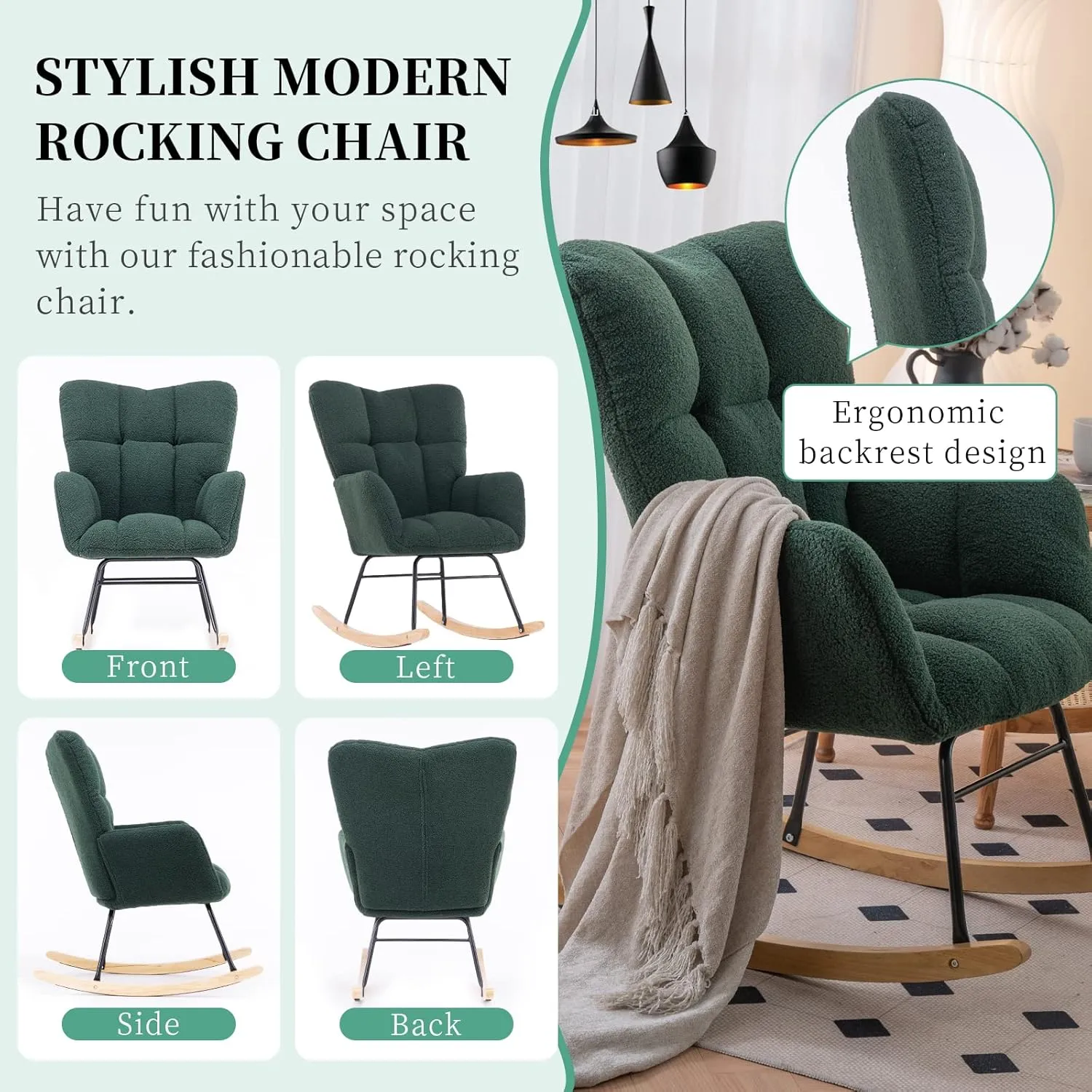 NIOIIKIT Nursery Rocking Chair Teddy Fabric Upholstered Glider Rocker Rocking Accent Chair Padded Seat with High Backrest Armchair Comfy Side Chair for Living Room Bedroom(Green Teddy)