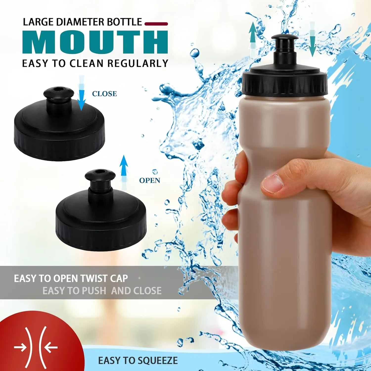 Nitial 24 Pcs Sports Water Bottles Bulk 22 oz Squeeze Reusable Sports Water Bottles Blank Plastic Water Bottles with Pull Top Cap for Adults Sports Fitness Bike, Dishwasher Safe