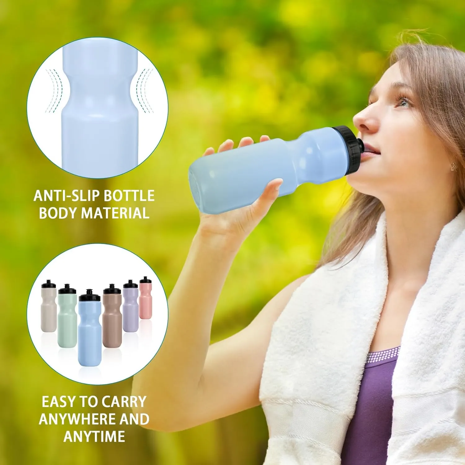 Nitial 24 Pcs Sports Water Bottles Bulk 22 oz Squeeze Reusable Sports Water Bottles Blank Plastic Water Bottles with Pull Top Cap for Adults Sports Fitness Bike, Dishwasher Safe